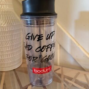 Bodum Clear Travel Tumbler with Black Lid and Red Logo
